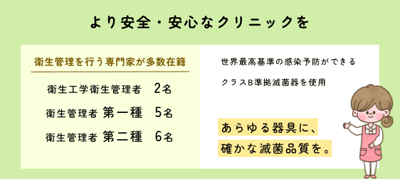 より安全・安心なクリニックを。きじま歯科には衛生管理を行う専門家が多数在籍。労働安全衛生法で定められた国家資格 衛生管理者第一種 5名 衛生管理者第二種 6名